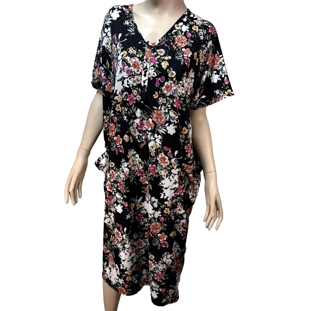 Dwell + Slumber Midi Cocoon‎ Dress Nightgown One Size Black Floral Short Sleeve